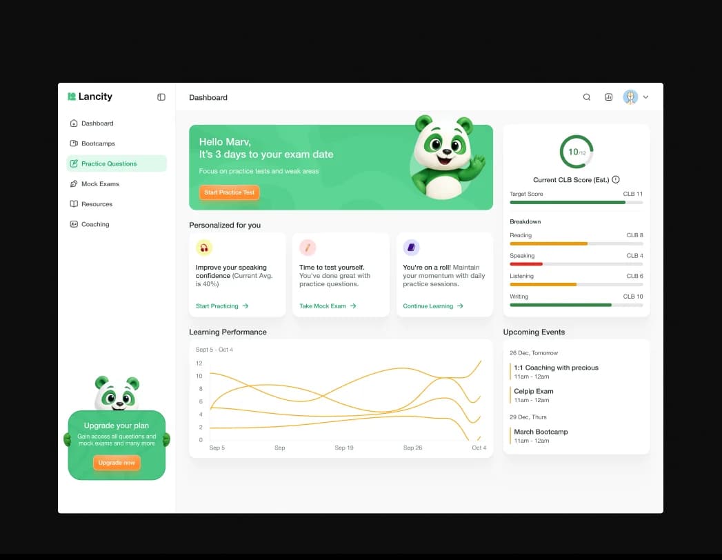 Lancity case study — CELPIP practice, mock exams, and AI tutor interface