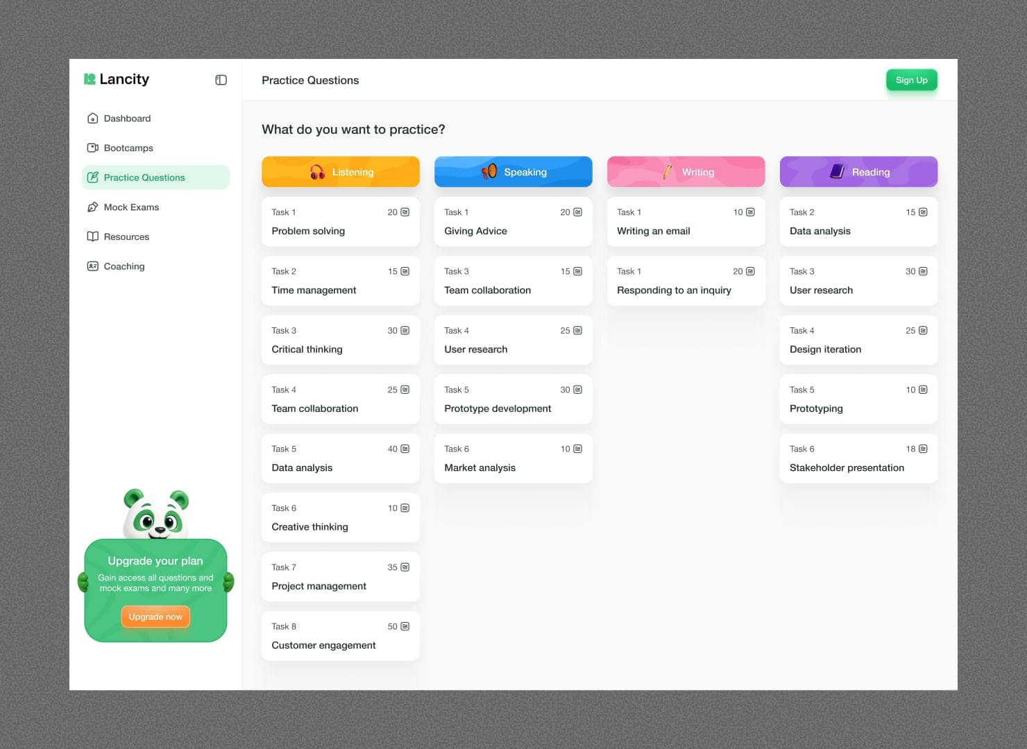 Lancity dashboard: stats strip (accuracy, tests taken, study hours, streak), quick action cards, upcoming bootcamp and coaching sessions, personalized AI recommendations, and recent activity feed