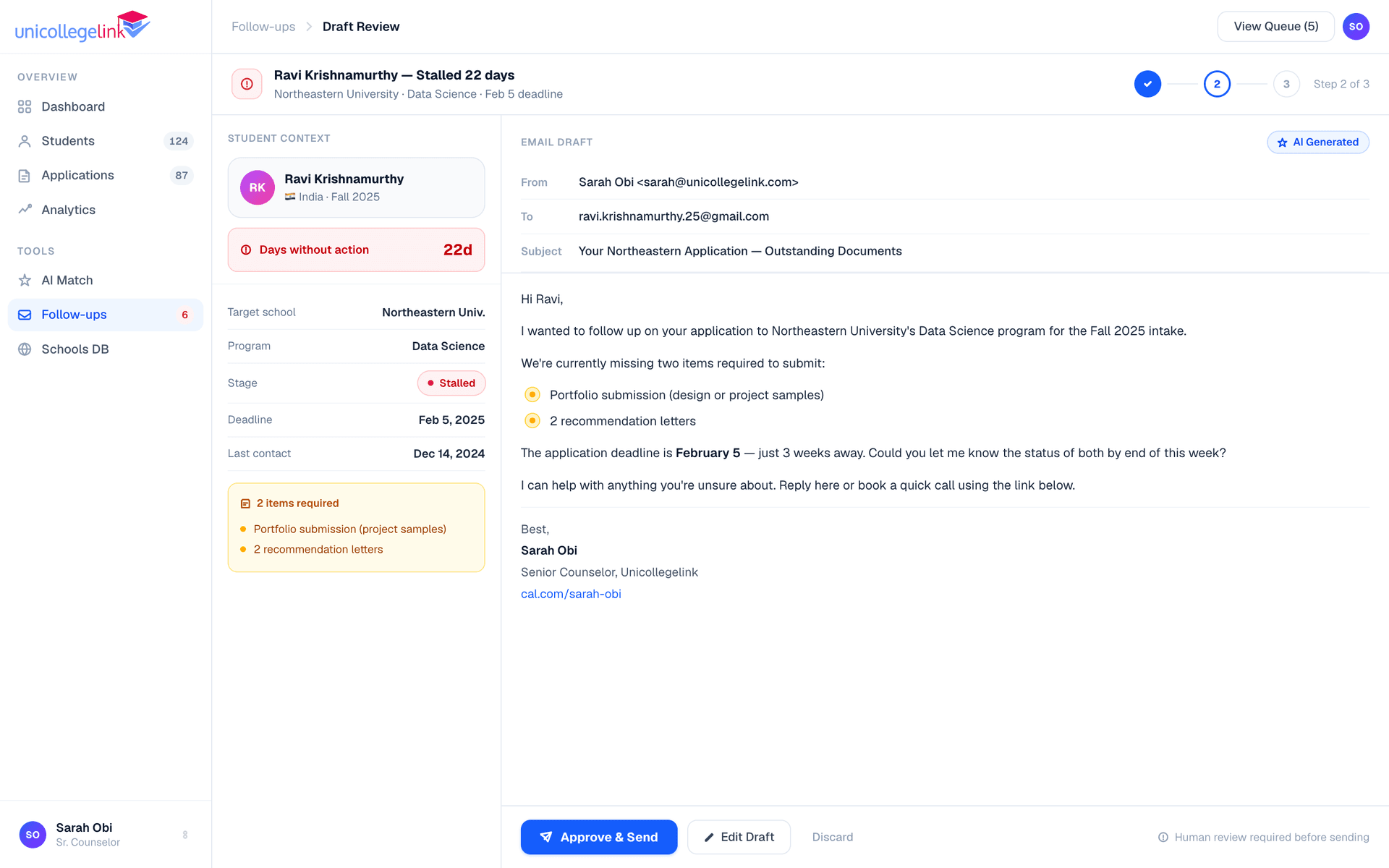 Follow-up draft view — student context on left, AI-drafted email on right, Approve & Send button at bottom